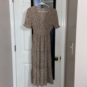 Tan and white speckled midi dress